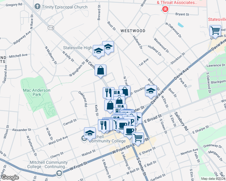map of restaurants, bars, coffee shops, grocery stores, and more near 332 North Center Street in Statesville