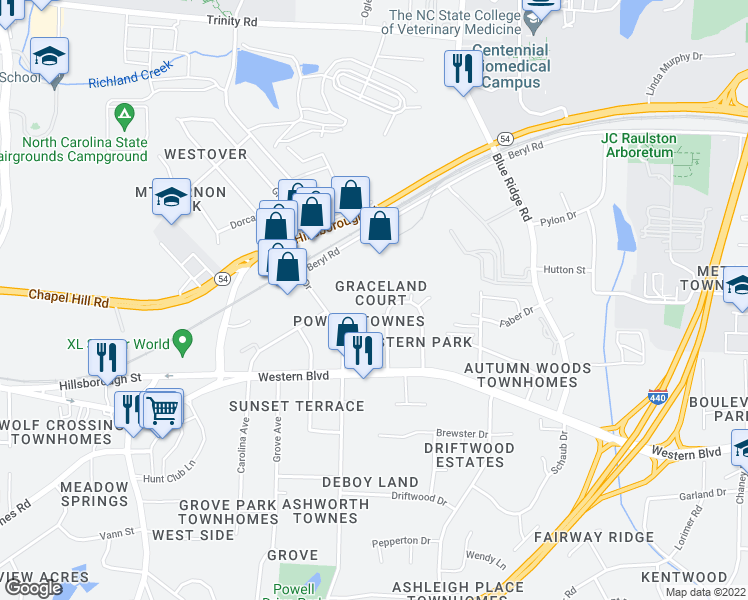 map of restaurants, bars, coffee shops, grocery stores, and more near 4407 Graceland Court in Raleigh