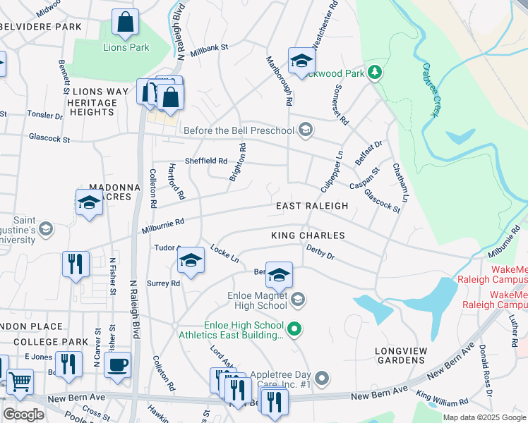 map of restaurants, bars, coffee shops, grocery stores, and more near 2316 Milburnie Road in Raleigh