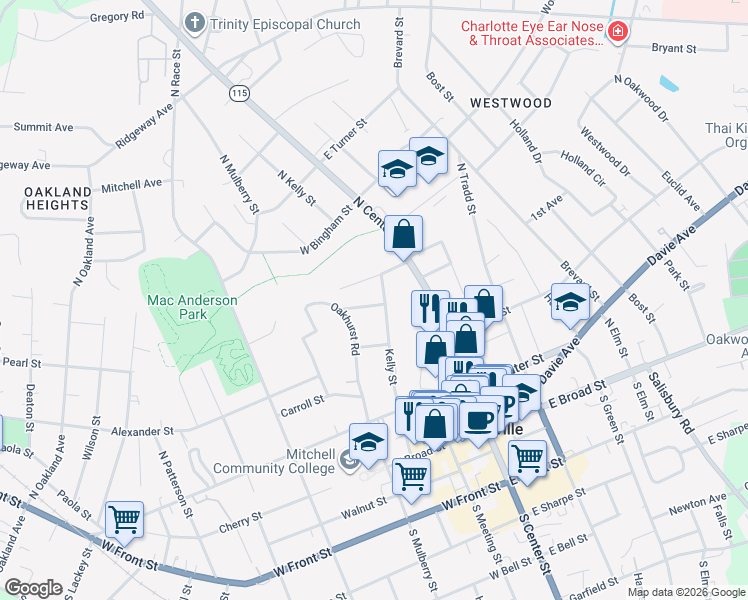 map of restaurants, bars, coffee shops, grocery stores, and more near 223 Maple Street in Statesville