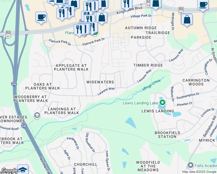 map of restaurants, bars, coffee shops, grocery stores, and more near 702 Calavaras Lane in Knightdale