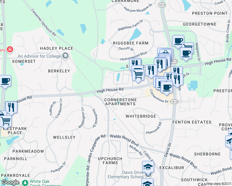 map of restaurants, bars, coffee shops, grocery stores, and more near 300 Terrastone Place in Cary