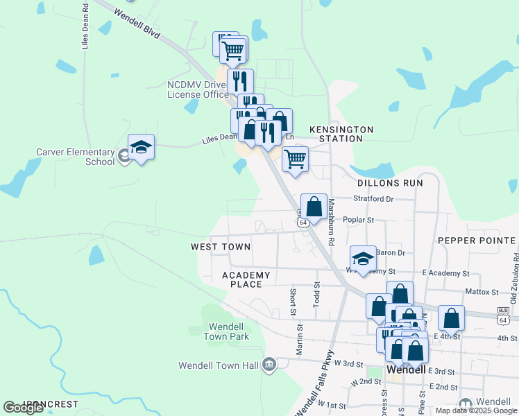 map of restaurants, bars, coffee shops, grocery stores, and more near 520 Industrial Drive in Wendell