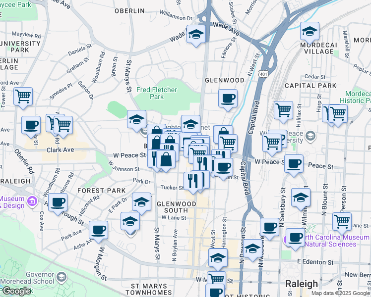 map of restaurants, bars, coffee shops, grocery stores, and more near in Raleigh