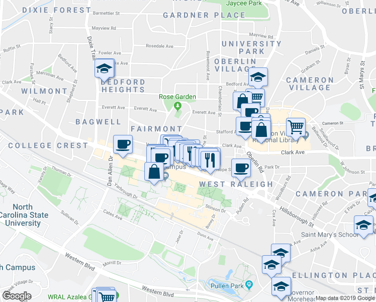 map of restaurants, bars, coffee shops, grocery stores, and more near 18 Horne Street in Raleigh