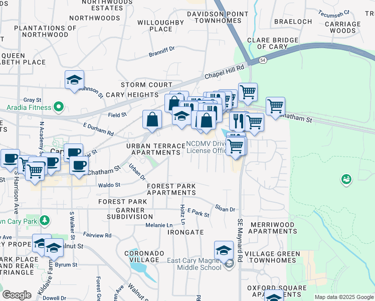 map of restaurants, bars, coffee shops, grocery stores, and more near 210 Chestnut Street in Cary