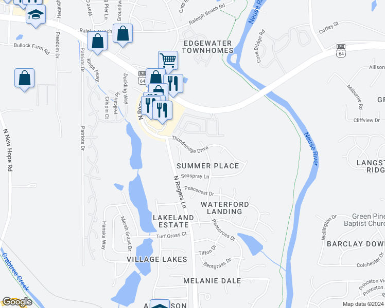 map of restaurants, bars, coffee shops, grocery stores, and more near 5348 Thunderidge Drive in Raleigh