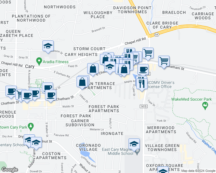 map of restaurants, bars, coffee shops, grocery stores, and more near 501 Waldo Street in Cary
