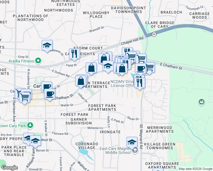 map of restaurants, bars, coffee shops, grocery stores, and more near 503 Waldo Street in Cary