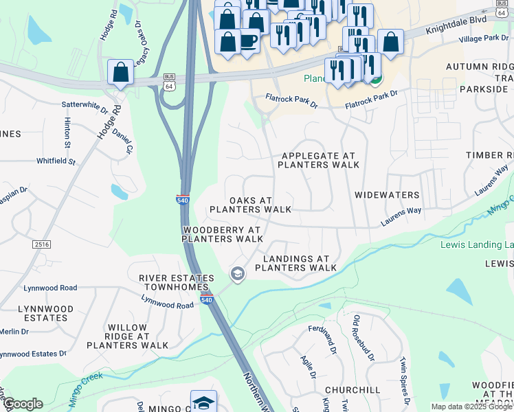 map of restaurants, bars, coffee shops, grocery stores, and more near 1005 Mingo Place in Knightdale