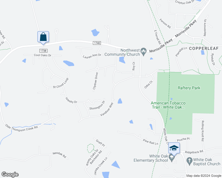 map of restaurants, bars, coffee shops, grocery stores, and more near 2112 Vandiver Way in Apex