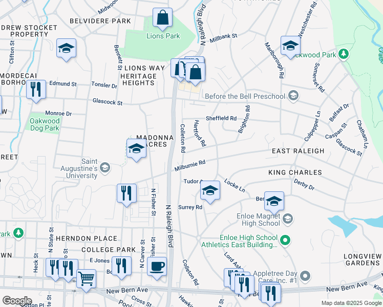 map of restaurants, bars, coffee shops, grocery stores, and more near 608 Brighton Road in Raleigh