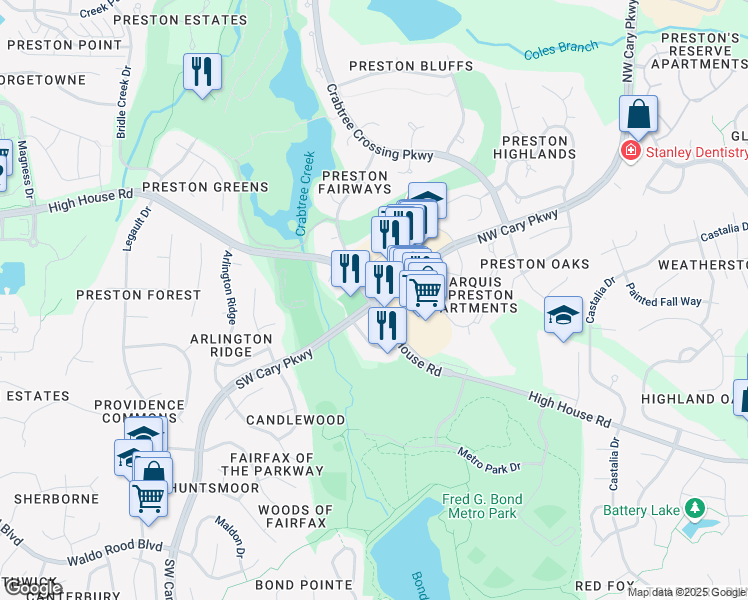 map of restaurants, bars, coffee shops, grocery stores, and more near 4308 Northwest Cary Parkway in Cary