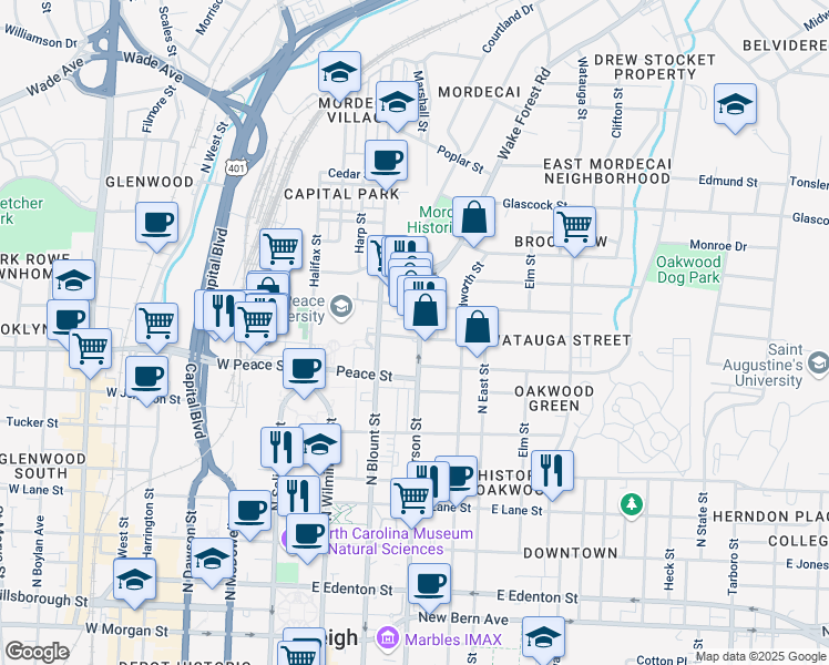 map of restaurants, bars, coffee shops, grocery stores, and more near 701 North Person Street in Raleigh