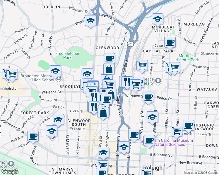 map of restaurants, bars, coffee shops, grocery stores, and more near in Raleigh