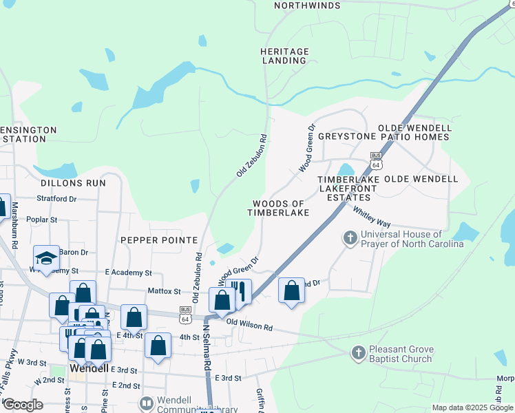 map of restaurants, bars, coffee shops, grocery stores, and more near 83 Wood Green Drive in Wendell