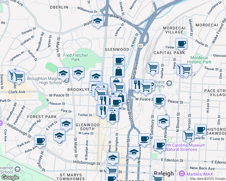 map of restaurants, bars, coffee shops, grocery stores, and more near in Raleigh