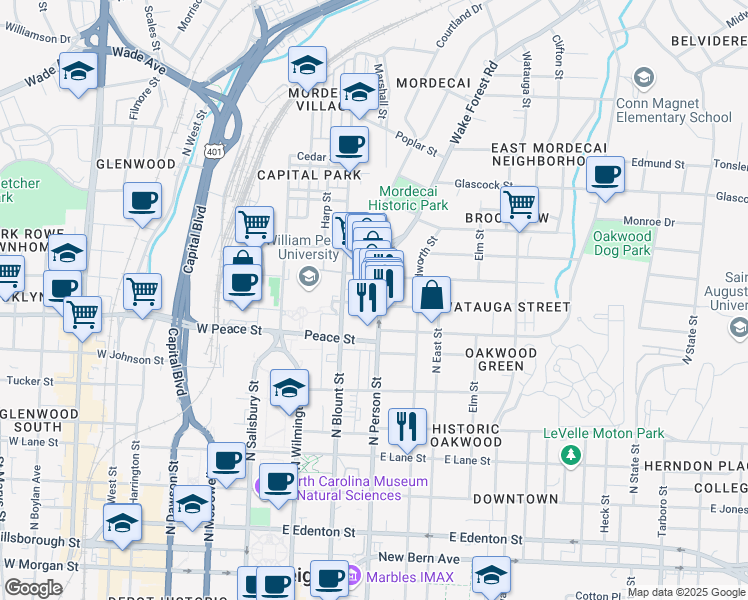 map of restaurants, bars, coffee shops, grocery stores, and more near 701 North Person Street in Raleigh