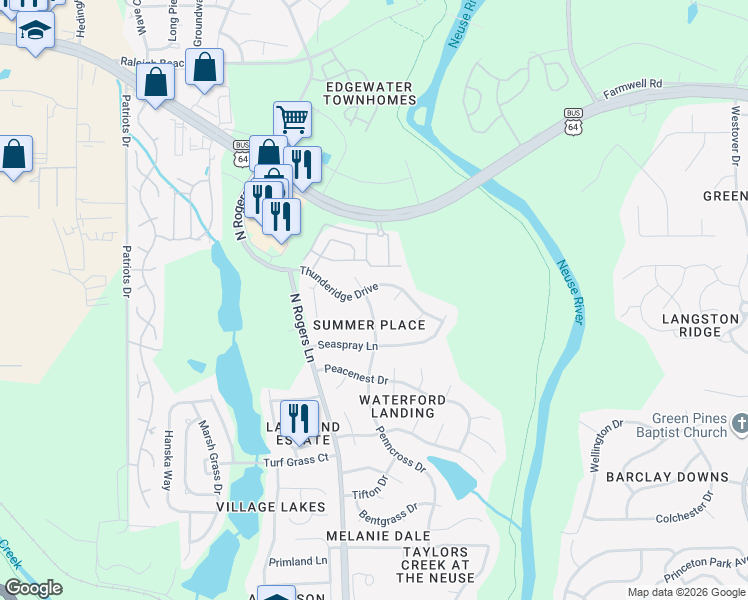 map of restaurants, bars, coffee shops, grocery stores, and more near 1032 Penncross Drive in Raleigh