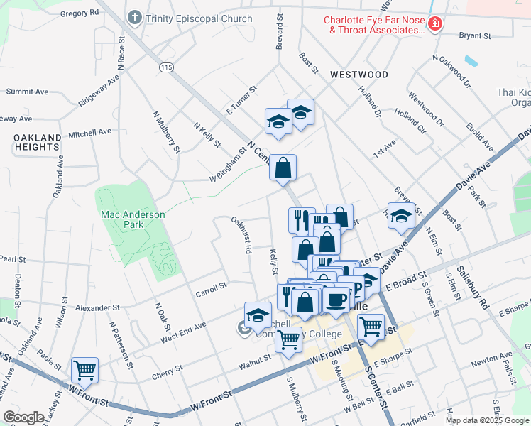 map of restaurants, bars, coffee shops, grocery stores, and more near 349 Kelly Street in Statesville