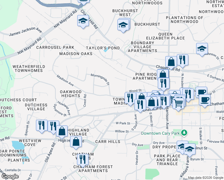 map of restaurants, bars, coffee shops, grocery stores, and more near 507 Madison Avenue in Cary