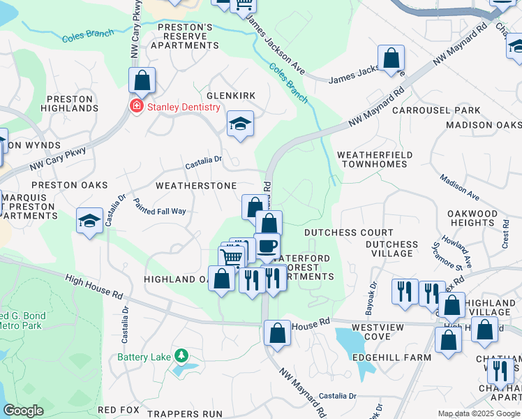 map of restaurants, bars, coffee shops, grocery stores, and more near 1377 Northwest Maynard Road in Cary