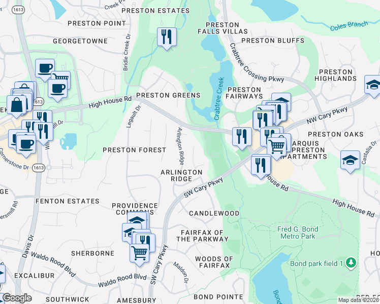 map of restaurants, bars, coffee shops, grocery stores, and more near 116 Marquette Drive in Cary