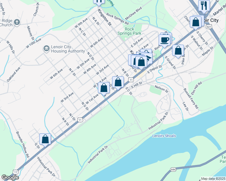 map of restaurants, bars, coffee shops, grocery stores, and more near 415b Lee Highway in Lenoir City