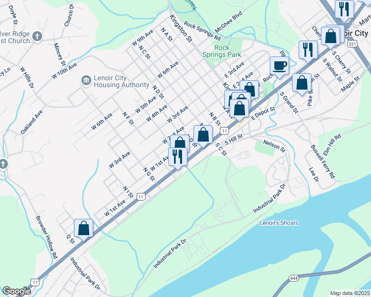 map of restaurants, bars, coffee shops, grocery stores, and more near 415b Lee Highway in Lenoir City