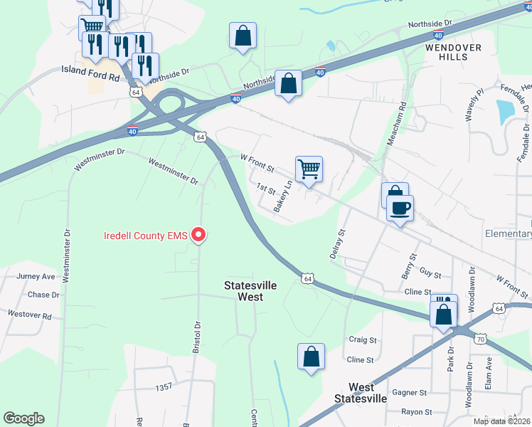 map of restaurants, bars, coffee shops, grocery stores, and more near 324 Bakery Lane in Statesville