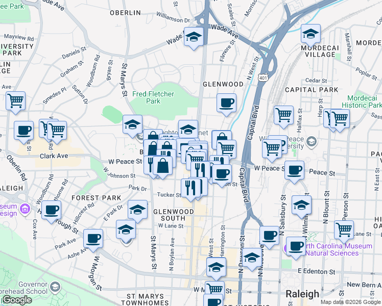 map of restaurants, bars, coffee shops, grocery stores, and more near in Raleigh