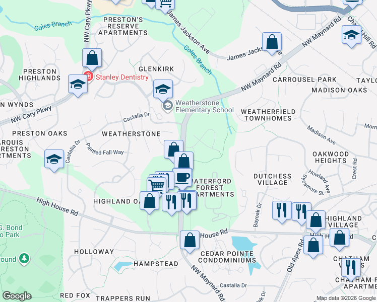 map of restaurants, bars, coffee shops, grocery stores, and more near 1377 Northwest Maynard Road in Cary