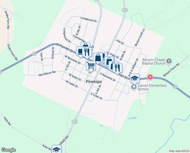 map of restaurants, bars, coffee shops, grocery stores, and more near 216 South 2nd Street in Pinetops