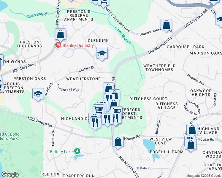 map of restaurants, bars, coffee shops, grocery stores, and more near 1377 Northwest Maynard Road in Cary