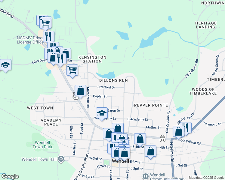map of restaurants, bars, coffee shops, grocery stores, and more near 43 Stratford Drive in Wendell