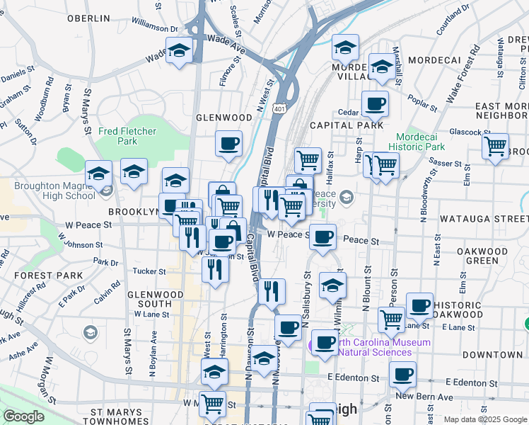 map of restaurants, bars, coffee shops, grocery stores, and more near in Raleigh