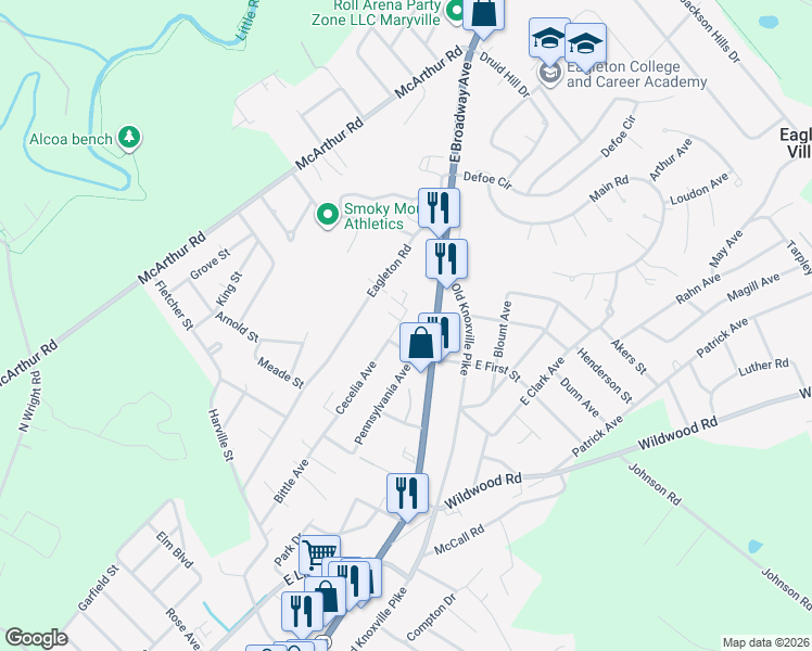 map of restaurants, bars, coffee shops, grocery stores, and more near 2506 Cecelia Avenue in Maryville