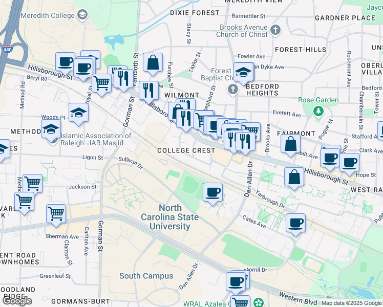 map of restaurants, bars, coffee shops, grocery stores, and more near 12 Rosemary Street in Raleigh