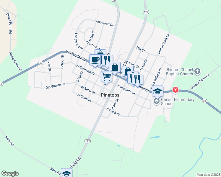 map of restaurants, bars, coffee shops, grocery stores, and more near 216 South 2nd Street in Pinetops