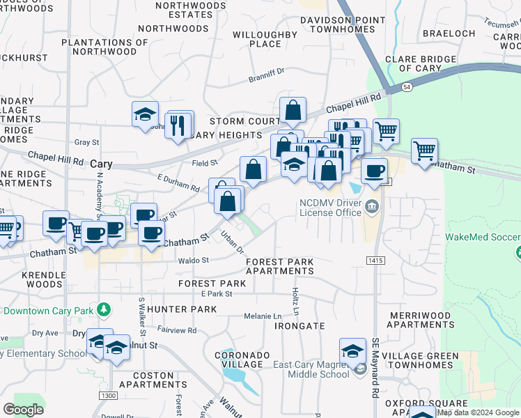 map of restaurants, bars, coffee shops, grocery stores, and more near 102 Terrace Drive in Cary