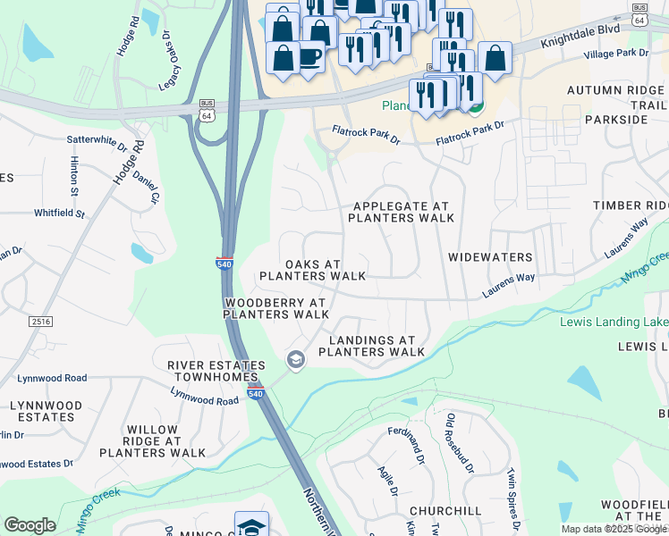 map of restaurants, bars, coffee shops, grocery stores, and more near 1006 Mingo Place in Knightdale