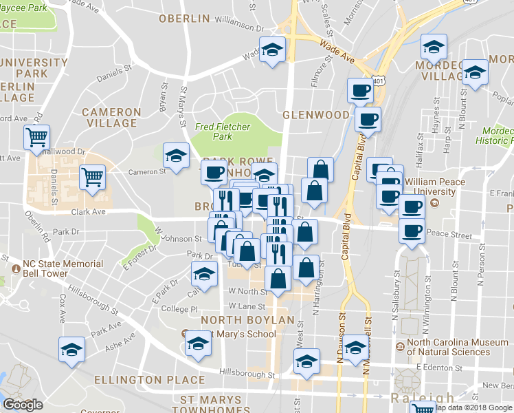 map of restaurants, bars, coffee shops, grocery stores, and more near 712 North Boylan Avenue in Raleigh