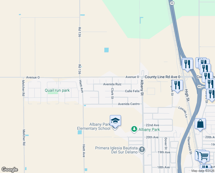 map of restaurants, bars, coffee shops, grocery stores, and more near 2331 Clark Street in Delano