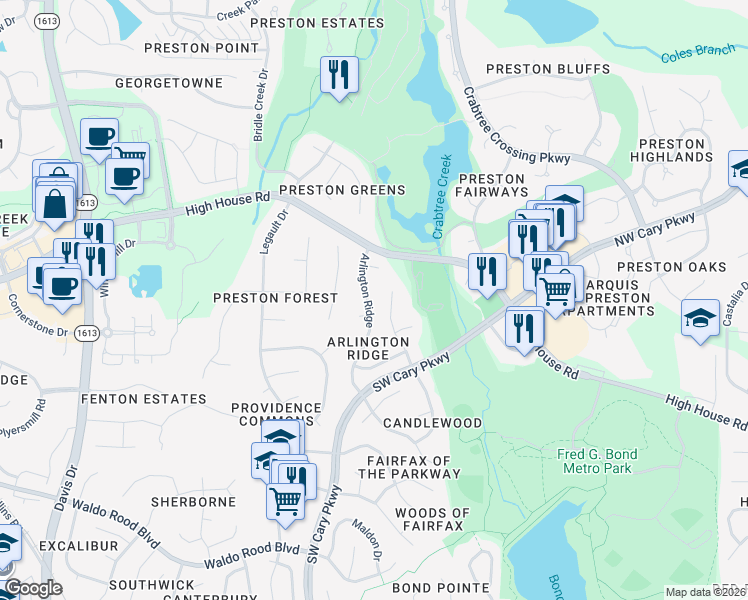 map of restaurants, bars, coffee shops, grocery stores, and more near 313 Arlington Ridge in Cary