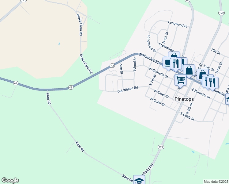 map of restaurants, bars, coffee shops, grocery stores, and more near 12-79 Wilshire Drive in Pinetops