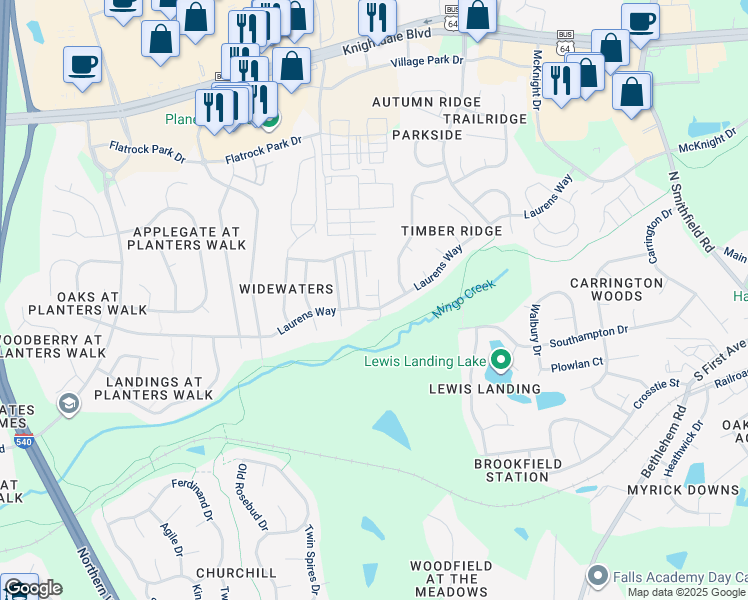 map of restaurants, bars, coffee shops, grocery stores, and more near 500 Stern Wheel Way in Knightdale