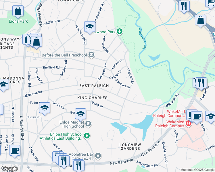 map of restaurants, bars, coffee shops, grocery stores, and more near 1016 Caspan Street in Raleigh