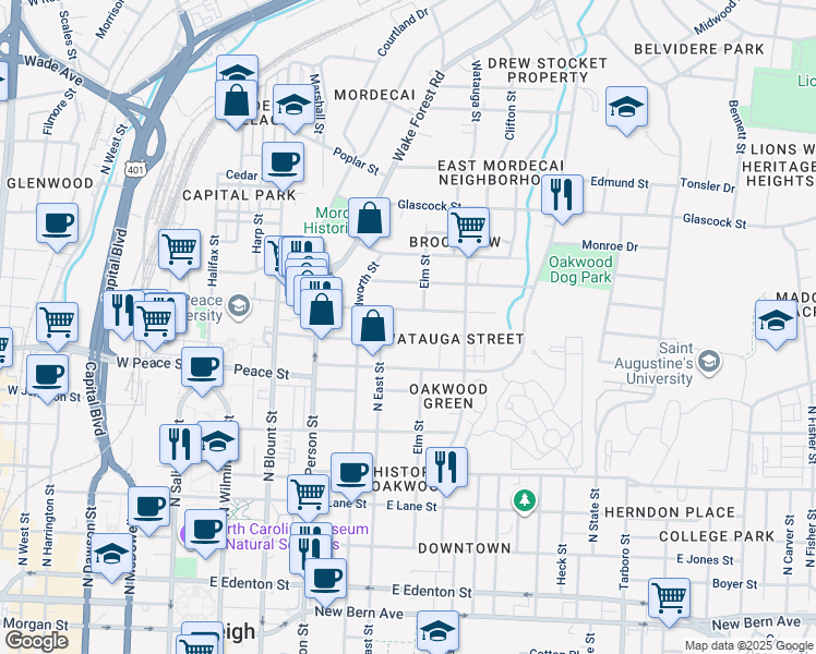 map of restaurants, bars, coffee shops, grocery stores, and more near 519 Pace Street in Raleigh