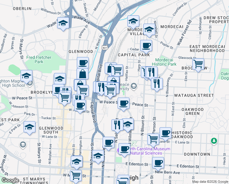 map of restaurants, bars, coffee shops, grocery stores, and more near 804 Semart Drive in Raleigh