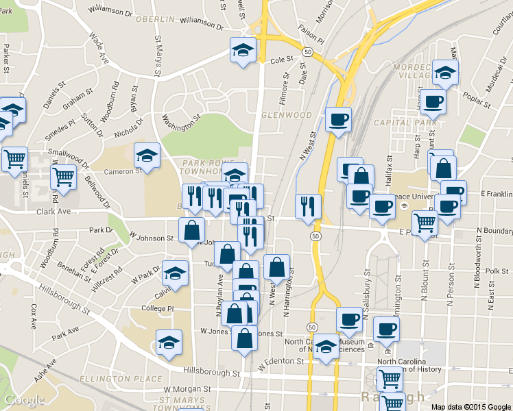 map of restaurants, bars, coffee shops, grocery stores, and more near 510 Devereux Street in Raleigh